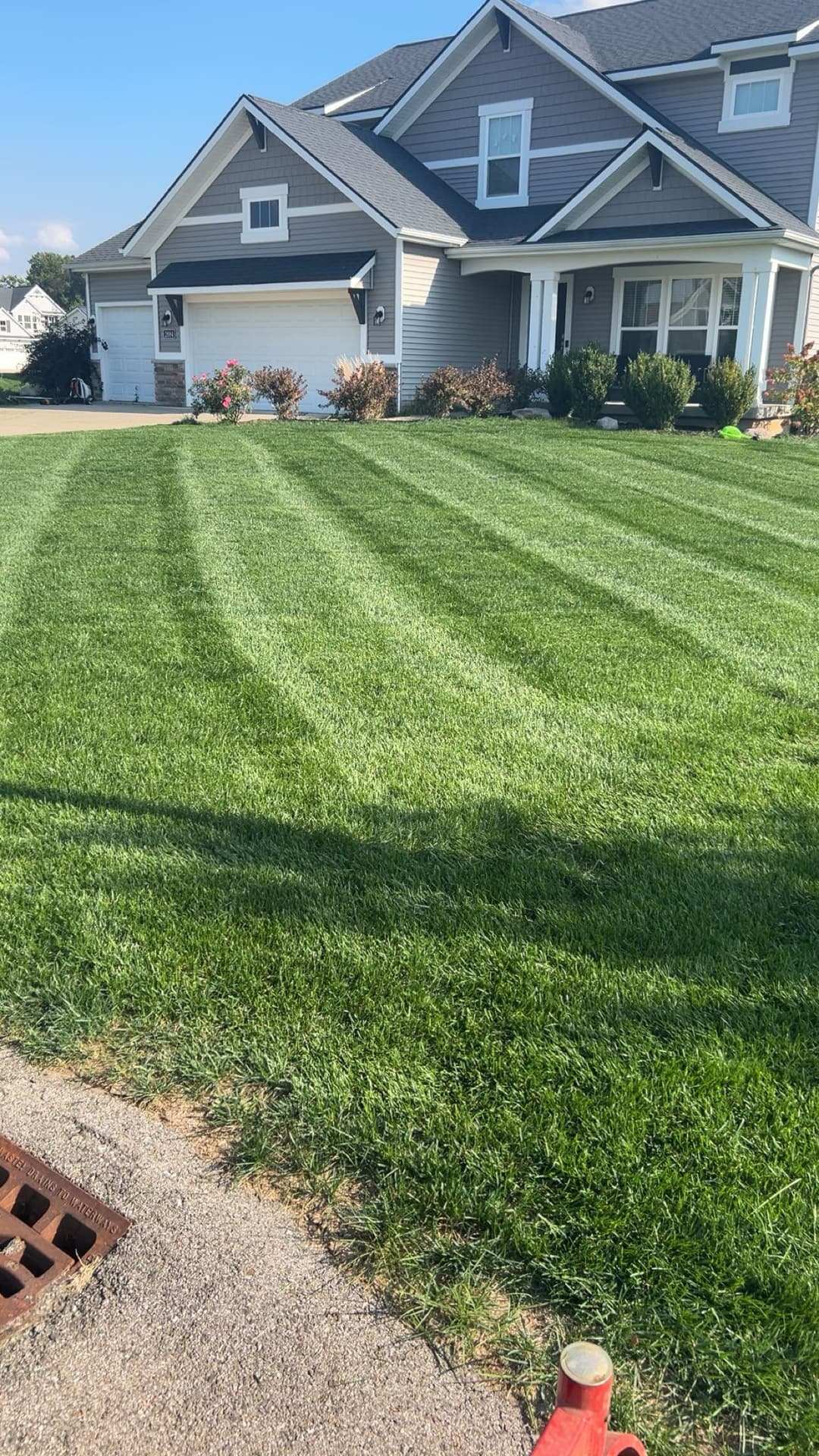 Lush green lawn with striped pattern in front of a modern house and landscaped garden.